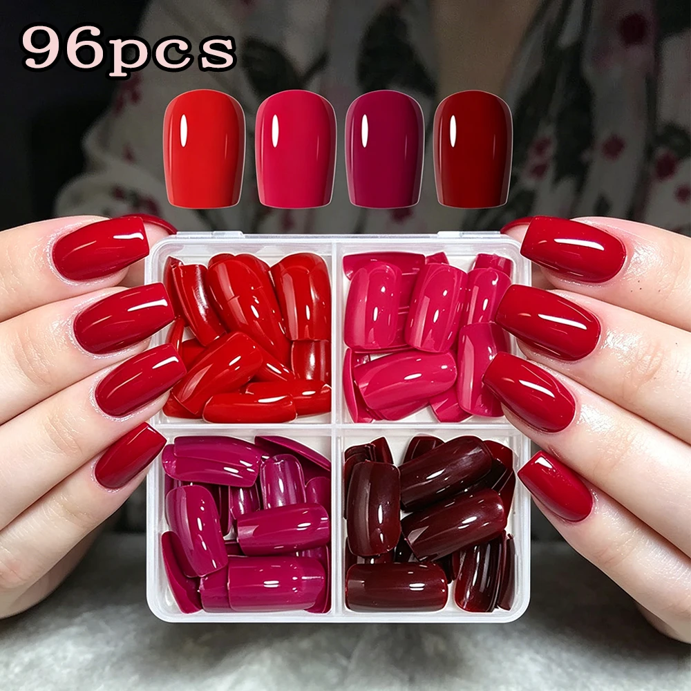 

96pcs/box Solid Red Medium Square Press On Nails 4 Colors Glossy Burgundy&Cherry Red Acrylic Fake Nail DIY Full Cover False Nail