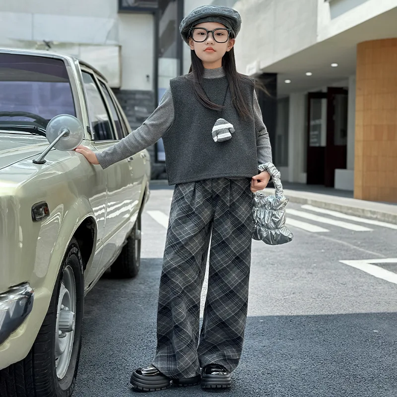 Girls Suit Spring Autumn 2024 New Korean Style Children Fashion Fall Bottoms Plaid-leg Pants Coffee Gary Simple 3-piece Set