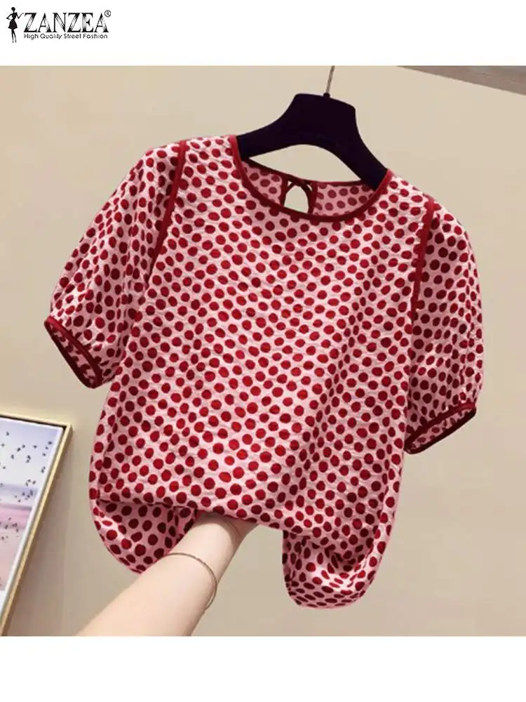 ZANZEA Casual Loose Women Blusas Mujer 2024 Summer Stylish Tied Back O Neck Puff Sleeve Tunic Tops Polka Dot Elegant Blouses