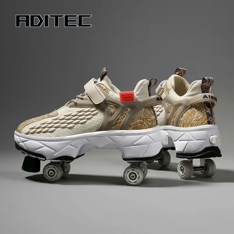 Pu Leather Four-Wheel Roller Skate Shoes Casual Deformation Parkour Sneakers For Rounds Adult Kids Of Running Sport Shoes