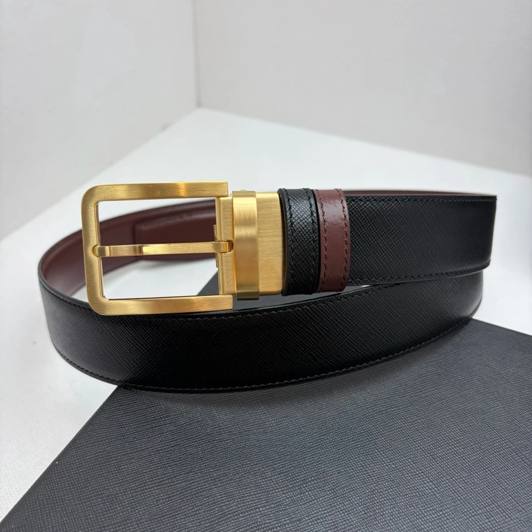 Holiday Gift Luxury Men's Rotatable Square Pin Buckle Reversible Dual‑Sided Cross‑Grain Leather Belt Business Casual Waist Strap