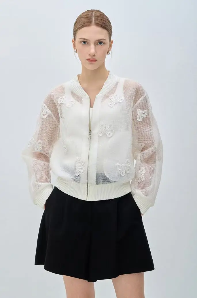 

Ele Korean Sle Loose Fit Lace Embroidery Hollow out Jaet Women's Faionable Versatile Slimming Outerwear irt