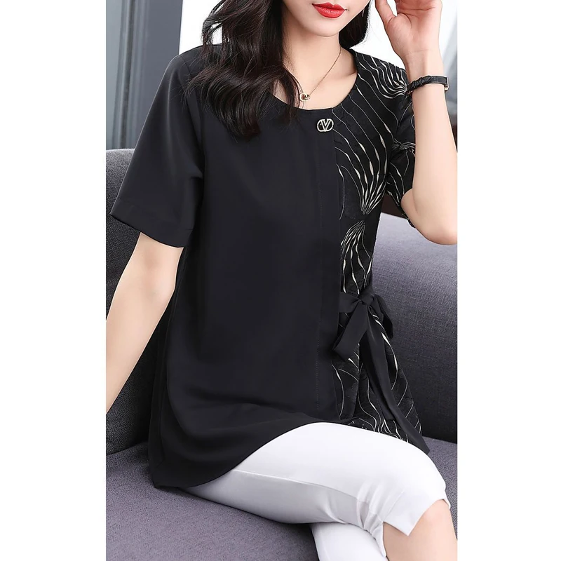 Asymmetrical Print Patchwork Lace Up Elegant Office Ladies Tunic Tops Blouses New Summer Fashion Women Short Sleeve Loose Shirts