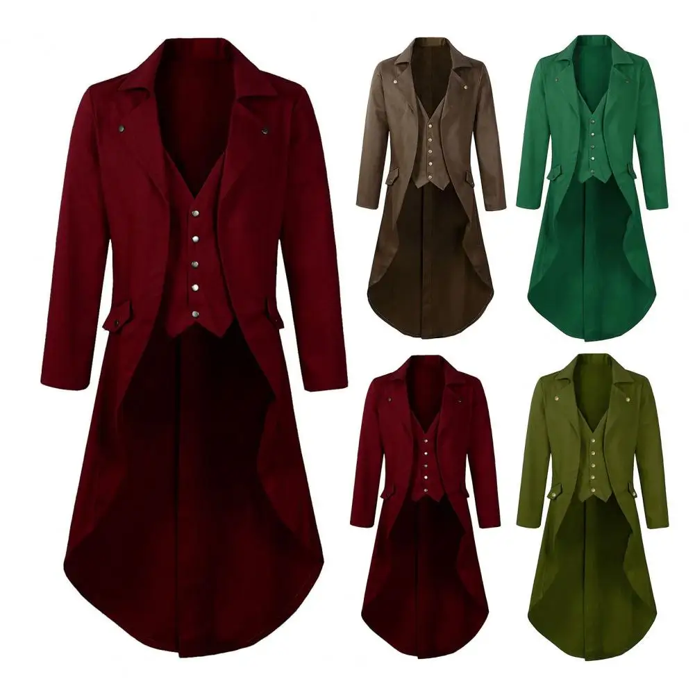 Men Gothic Tailcoat Lapel Long Sleeve Single Breasted Fake Two Pieces Suit Coat with Pockets Mid-Century Suit Jacket