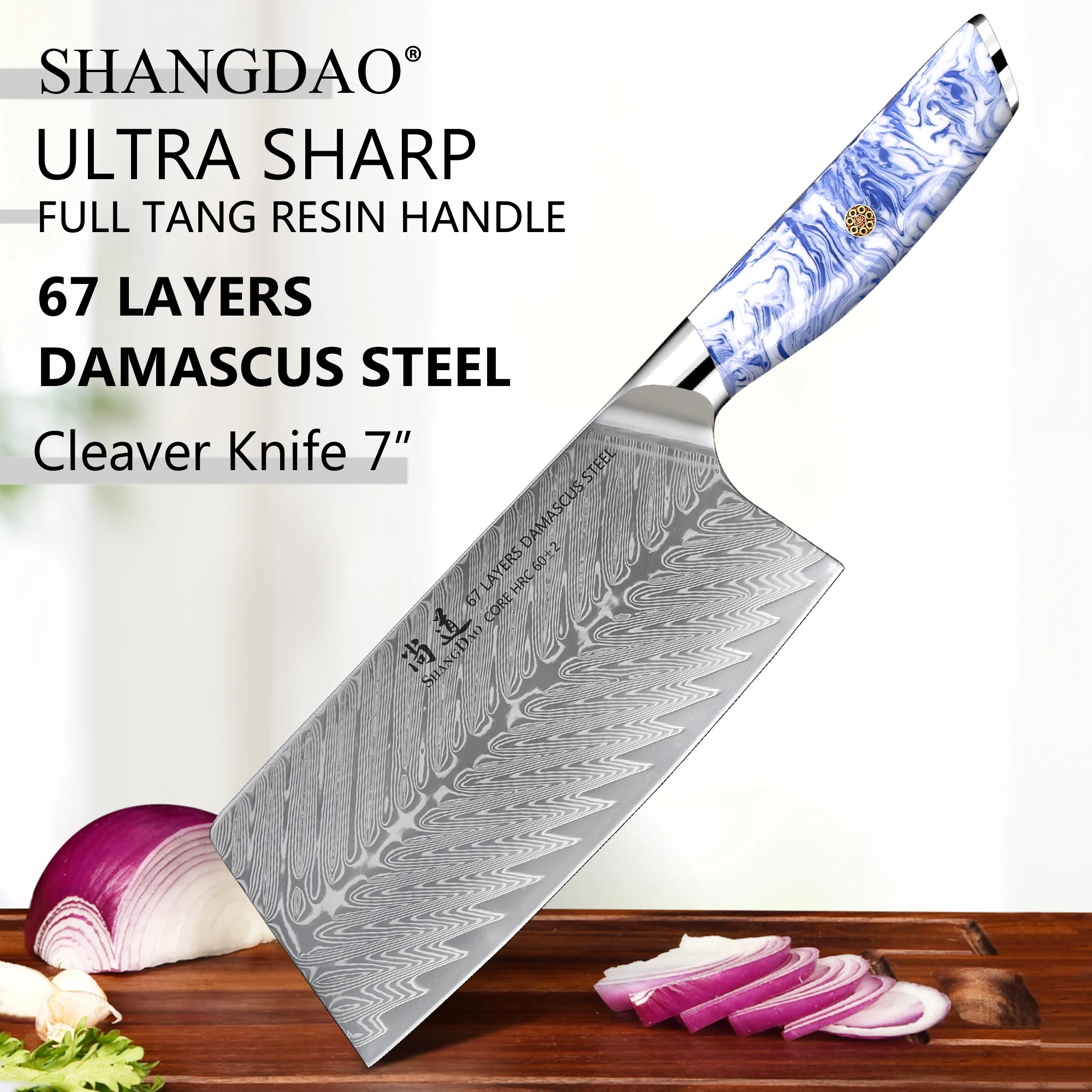 

SHANGDAO 67 Layers Damascus Steel 7 Inch Chinese Cleaver Kitchen Vegetable Knife with Blue and White Resin Handle -Full Tang