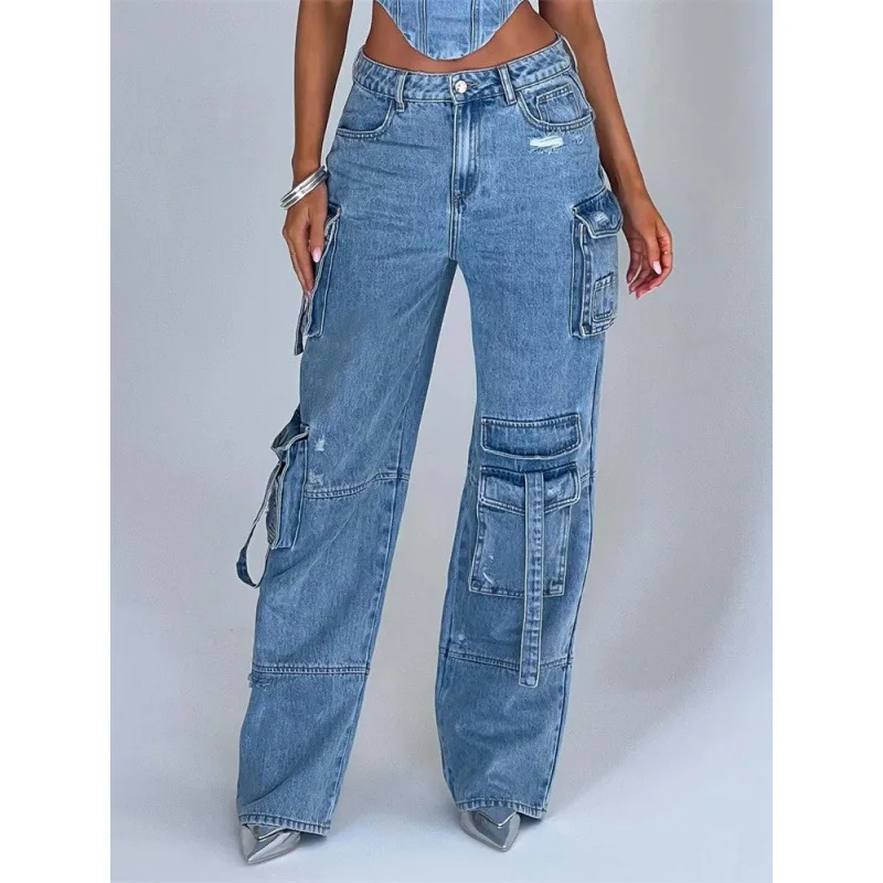 High Waist Multi Pocket Jeans Women 2026 New Fashionable Solid Color Versatile Large Size Cargo Pants