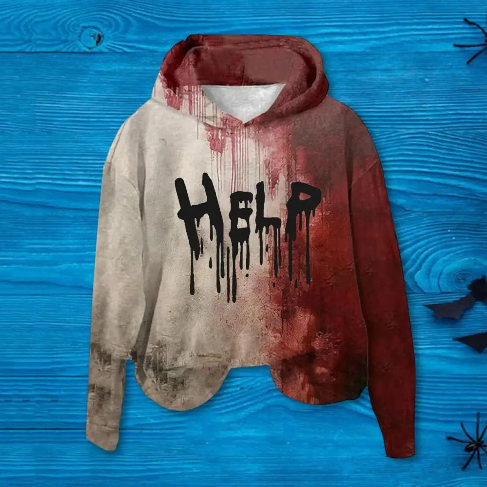 Retro Hoodie Vintage Halloween Haunted House Women's Hoodie with 3d Bloodstain Print Cosplay Top for Long Sleeves Loose for Fall