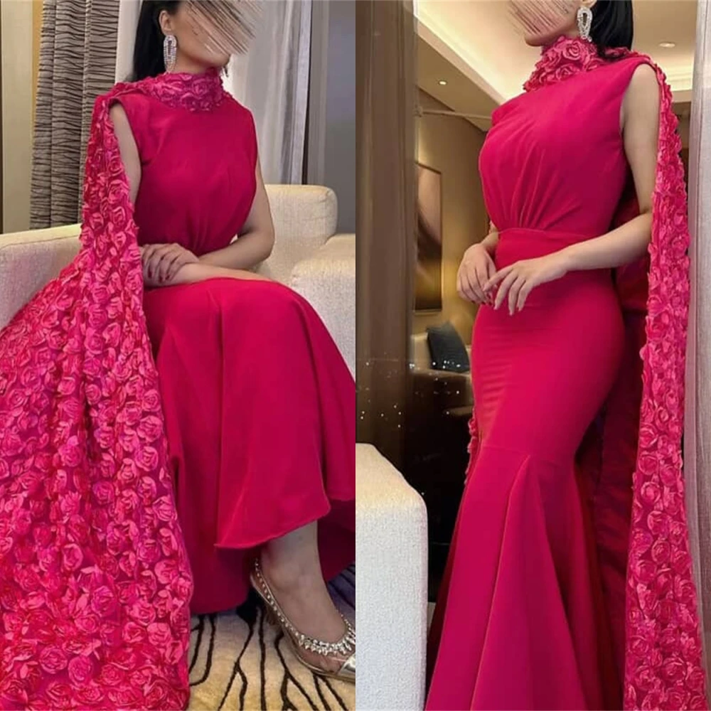 Customized Delicate pink Jersey Evening Dress Exquisite Crew Neck Sleeveless Shawl Party Dress Classic Zipper Back Prom Dress