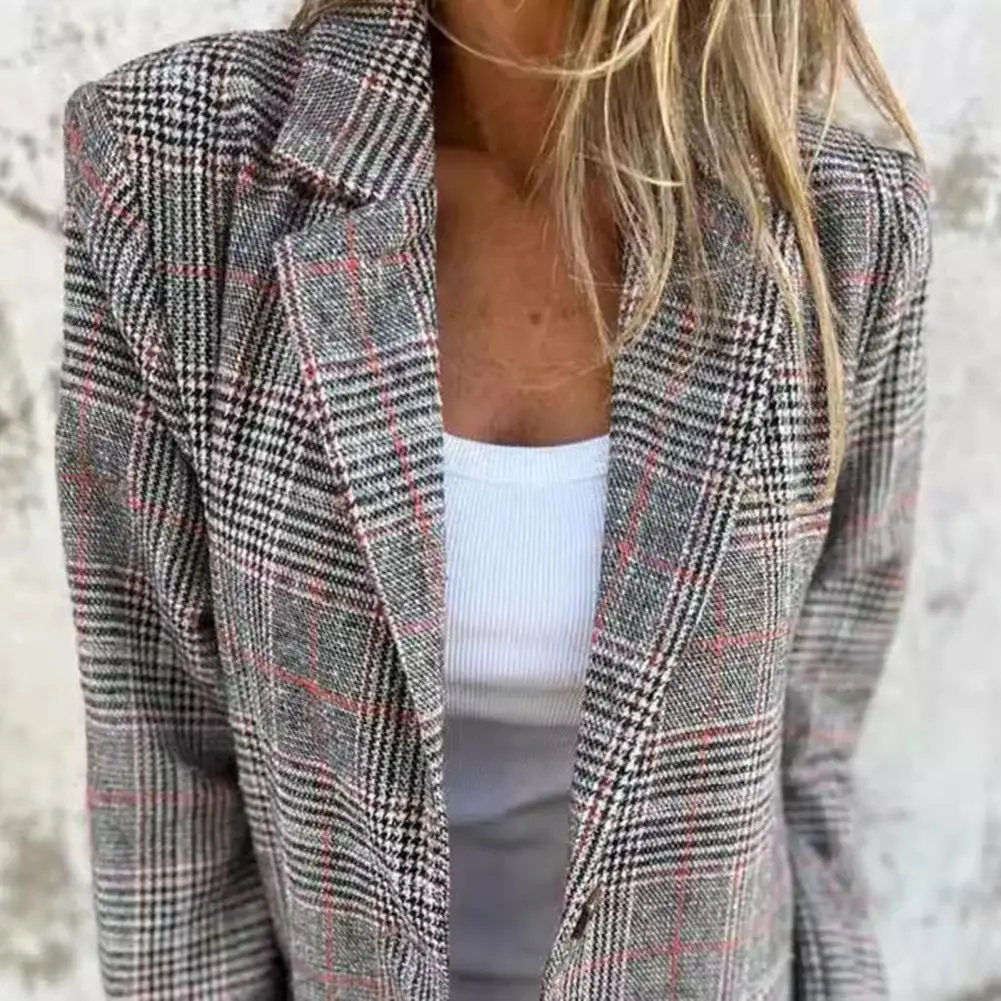 

Long Sleeve Coat Fall Women Jacket Stylish Women's Plaid Jacket with Button Closure Lapel Collar Mid-length Coat for Fall Winter