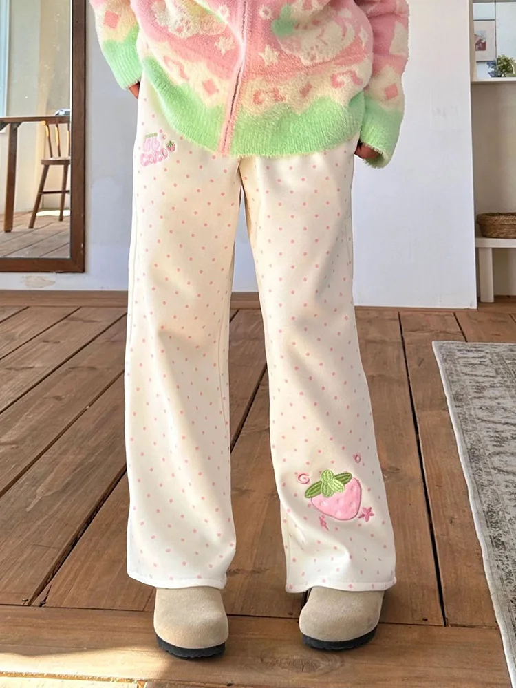 Kawaii Sweet Wide Leg Pants Women High Waist Cute Strawberry Embroidery Trousers Japan Preppy Style Female Spring Casual Pant - Image 5
