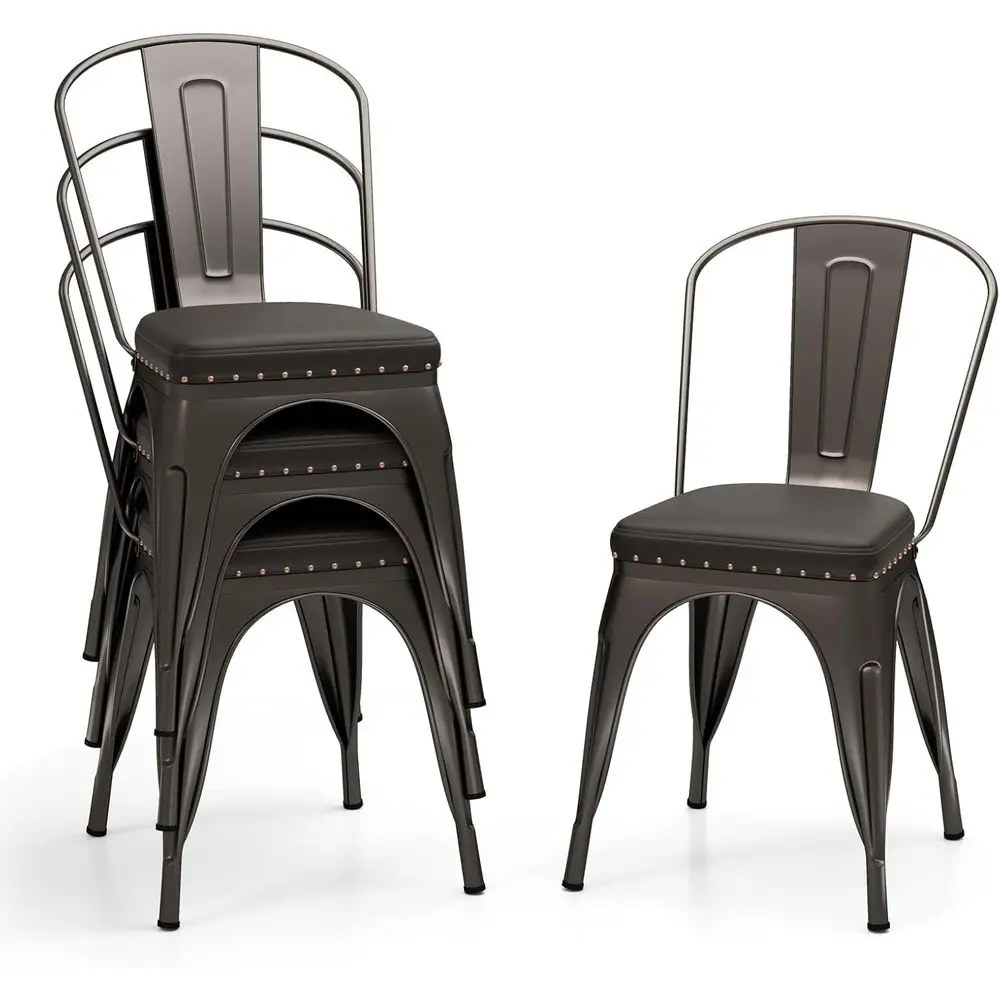 

Stackable Metal Dining Chairs Set of 4, Padded PU Leather Seats, Detachable Backrests, Suitable for Kitchen, Dinette, Restaurant