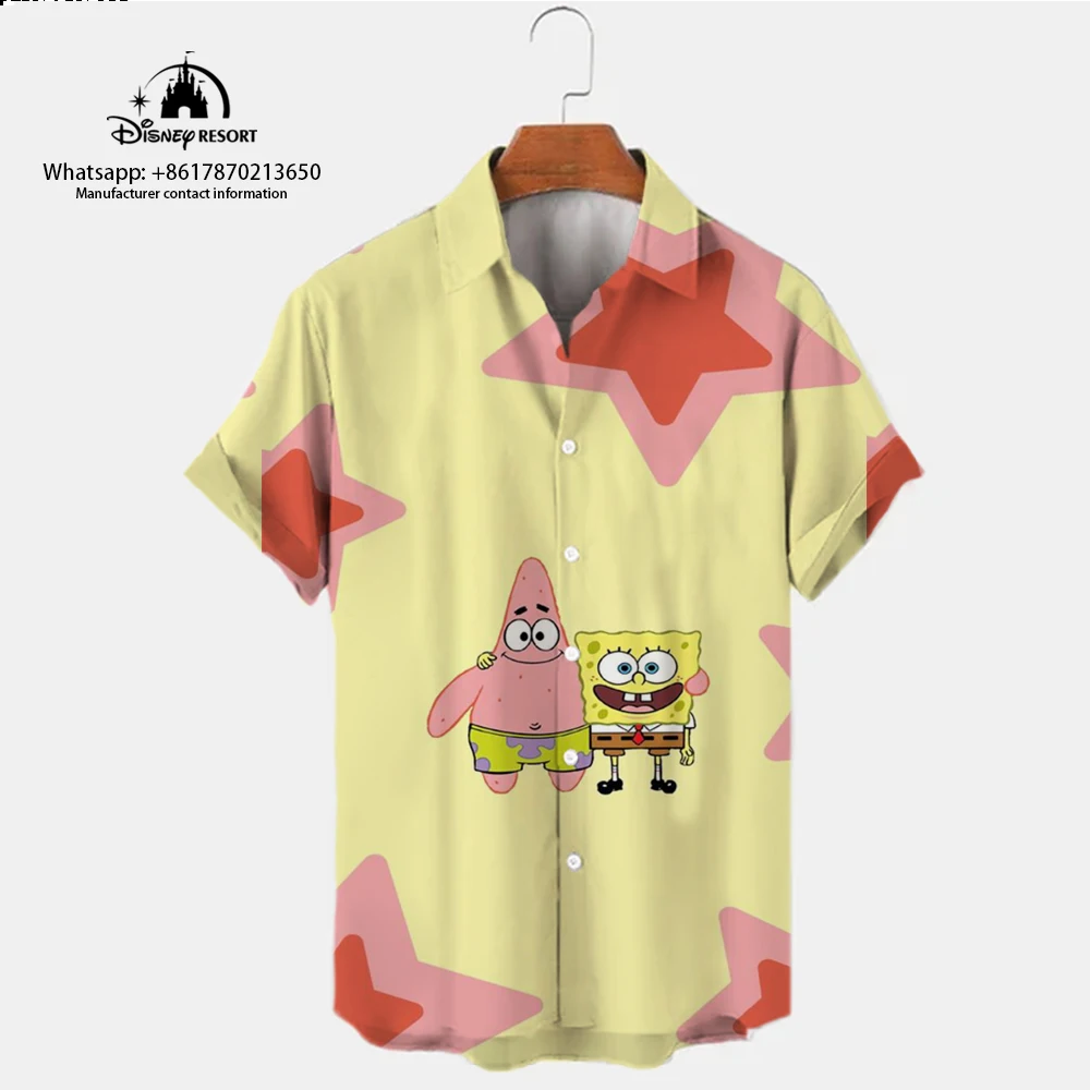 Calça Quadrada Bob Esponja masculina anime camisa de manga curta, camisa casual de verão, na moda, lapela que combina com tudo, moda Harajuku Street, nova