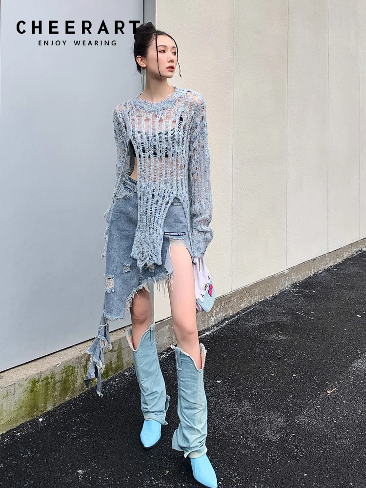 CHEERART Distressed Knit Sweater Women Light Blue Hollow Out Long Sleeve Knit Top See Through Crewneck Fall Sweater Streetwear