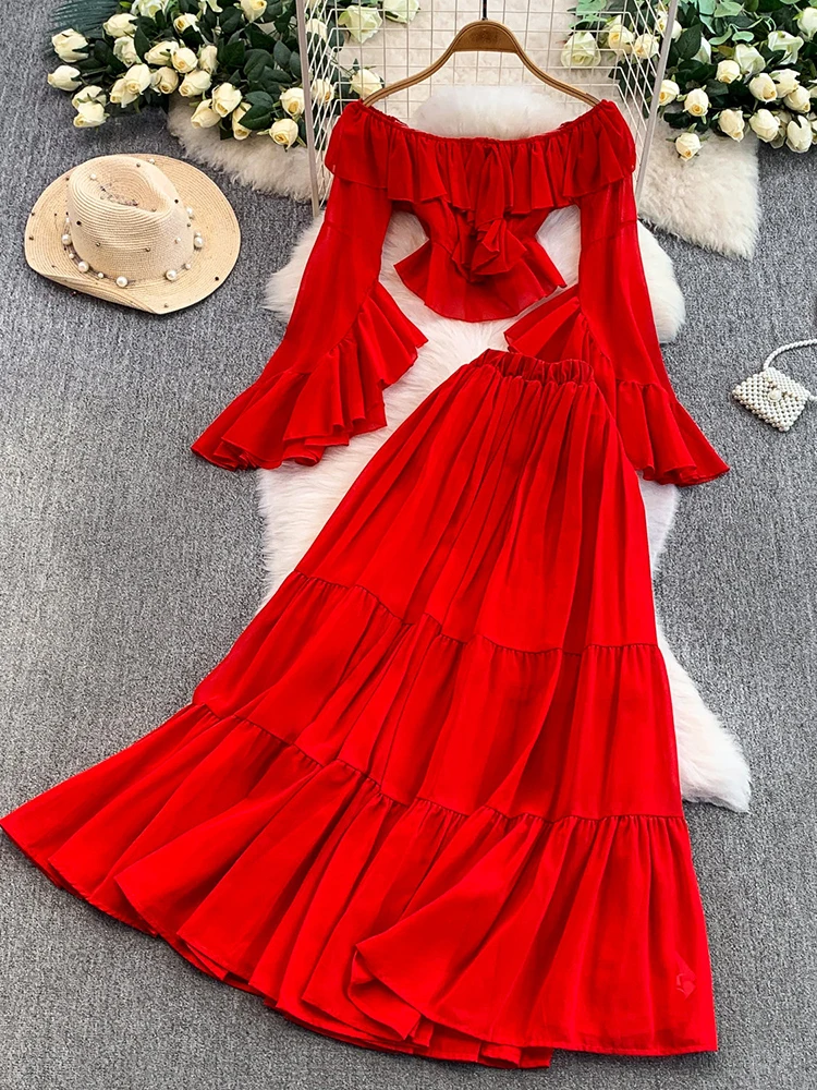 

Элегантная рубашка во французском стиле с открытыми плечами и расклешенными рукавами + длинная юбка с высокой талией, женский однотонный комплект из двух предметов