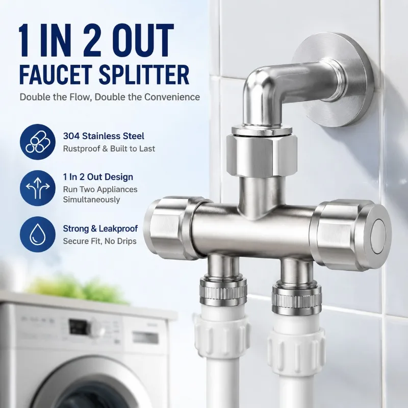 304‑Grade Stainless Steel Washing‑machine Tap Splitter, Single‑inlet Dual‑outlet Water Separator, Multi‑purpose Plumbing