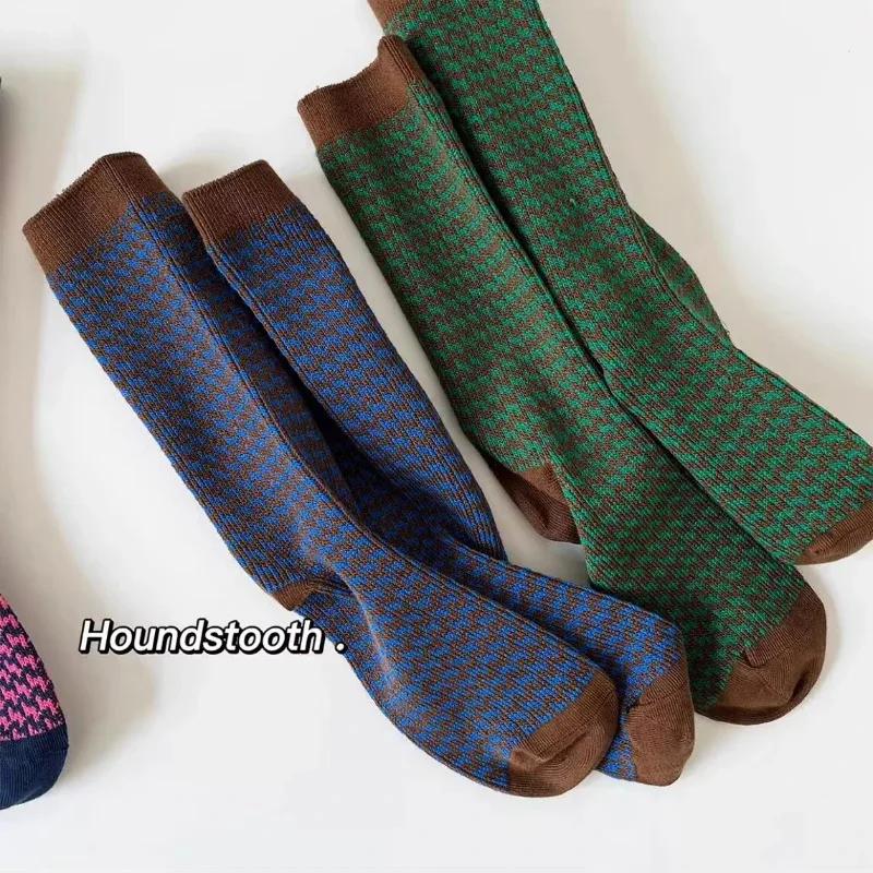 

Thick Cotton Socks with Houndstooth Pattern for Women, Autumn and Winter Mid-Calf High Kawaii
