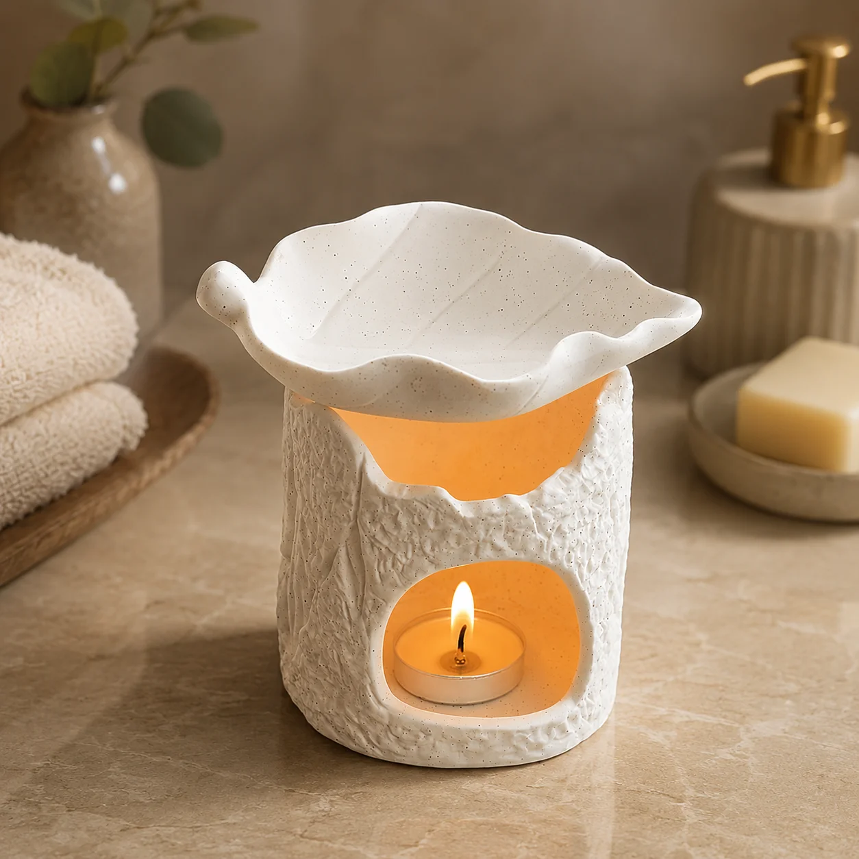 Ceramic Oil Burner Wax Melt Warmer Leaf Shape Aroma Lamp Handmade Rustic Essential Oil Diffuser Candle Holder Home Decor Gift