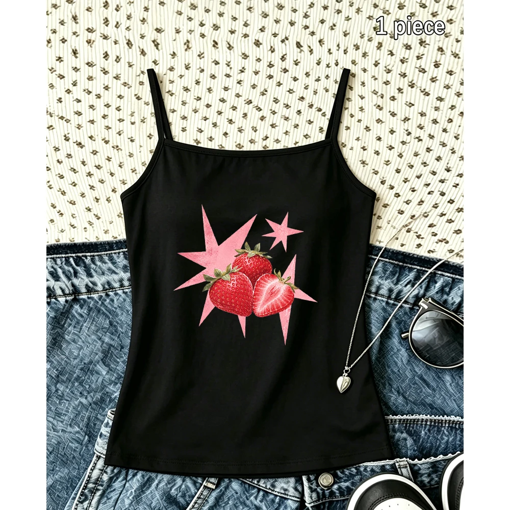 Pink Star Strawberry Camisole Women Summer Fruit Graphic Tank Top Casual Sleeveless Vest for Beach Vacation Y2k Style