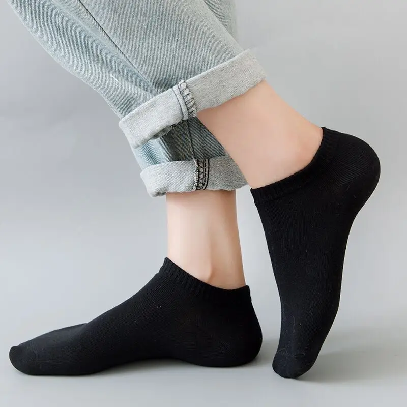 5Pcs/ Men\'s Socks Spring Summer Thin Breathable Soft Polyester Cotton Socks Black Casual Business Ankle Boat Socks Size EU38-43