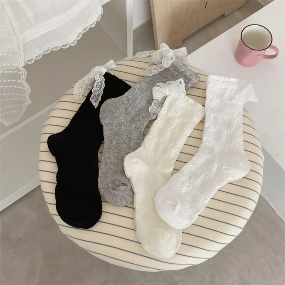 

3 пары модных носков с рюшами и кружевом и бантом, тонкие дышащие носки средней длины, стильные женские чулочно-носочные изделия, милые носки, женская уличная одежда