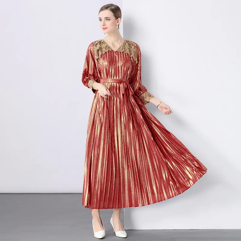 

Miyakaya Style Pleated Dress for Women 2025 New Sequin Embroidered Beads and Mesh Spliced V-neck Long Sleeve Elegant Long Skirt