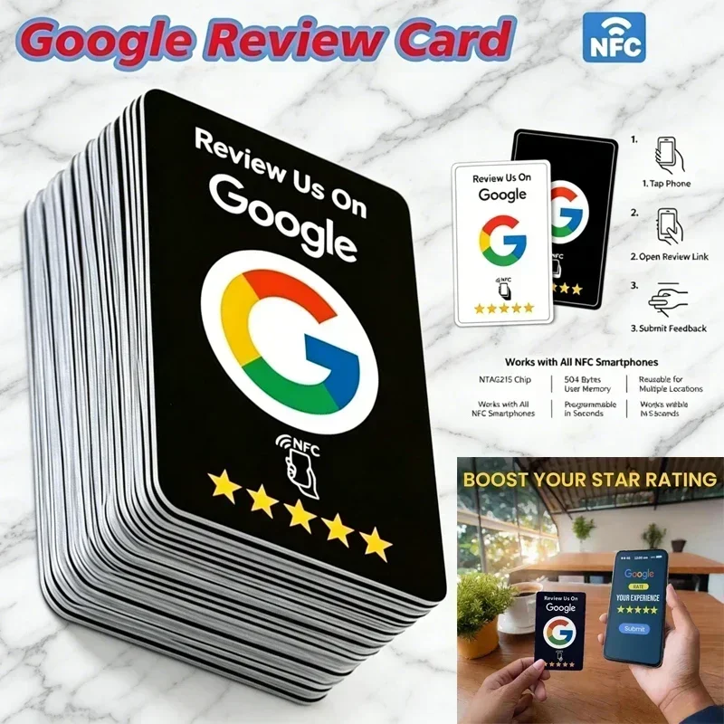 1-50Pcs Black Premium Wear‑Resistant /.Matte Finish Reusable Google Review Tap NFC Card Programmable NFC Tap Card User‑Friendly