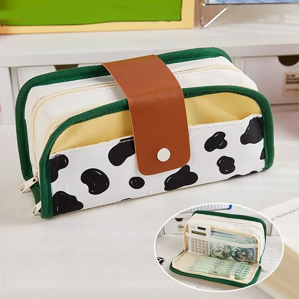 

Portable American style Cow Pattern Pencil Case Large Capacity Zipper Stationery Pencilcase Multi-storey Stripe Pen Bag Students