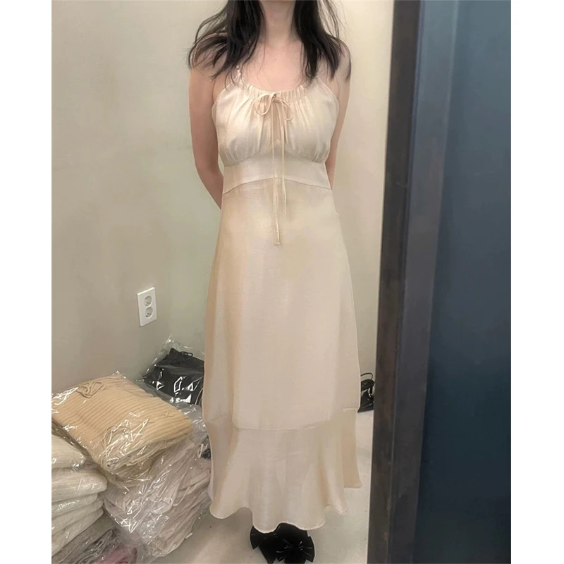 Romantique Dongdaemun été couleur Pure en mousseline de soie fine sangle plissée ter Dr Ele U-Neline Svel femmes Dr