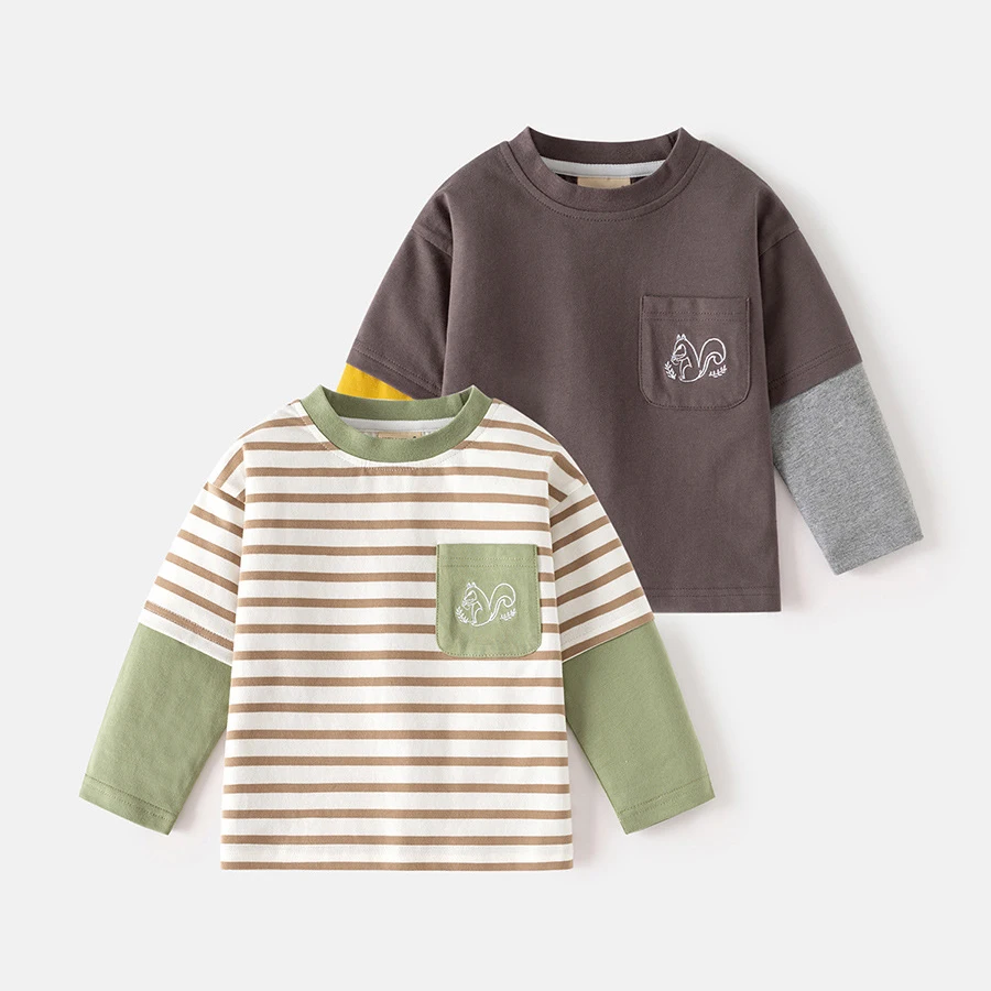 

Autumn New Children's Clothes Casual Base Layer Shirt Long Sleeve T-Shirt 2-6Y Boys Top with Cute Squirrel Embroidery Pocket
