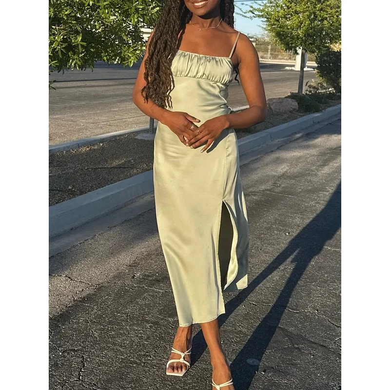 Elegante satijnen wikkel midi-jurk voor dames met split en spaghettibandjes Strandresortstijl Lingerie-geïnspireerd Temperament Dames
