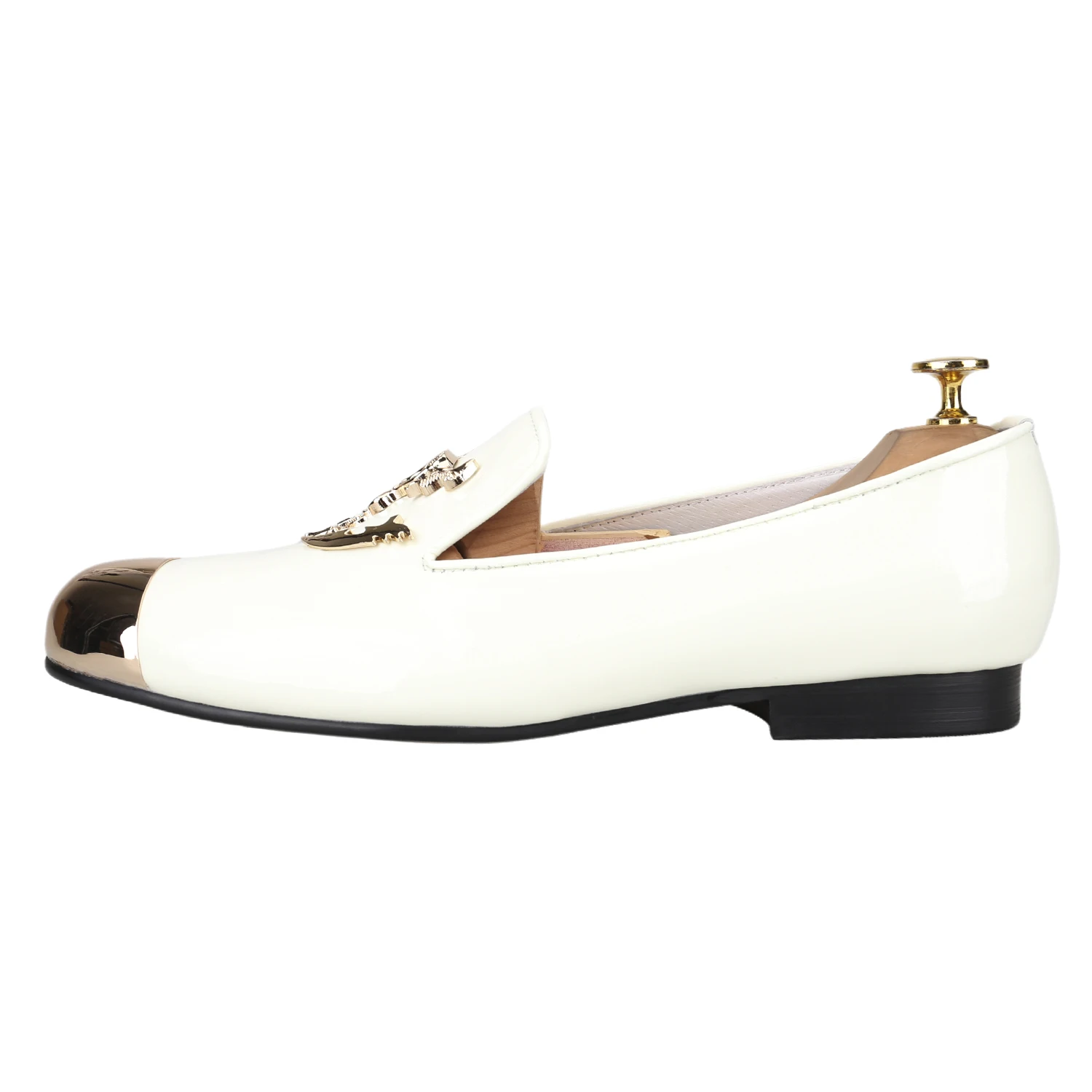 Piergitar White Patent Leather With Gold Metal Toe And Skull Buckle Men's Casual Shoes For Party And Wedding Slip-On Loafers