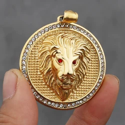 Men's Rock Hip Hop Crystal Inlay Lion Head Pendant Necklace Fashion Creative Stainless Steel Gold Color Party Club Jewelry