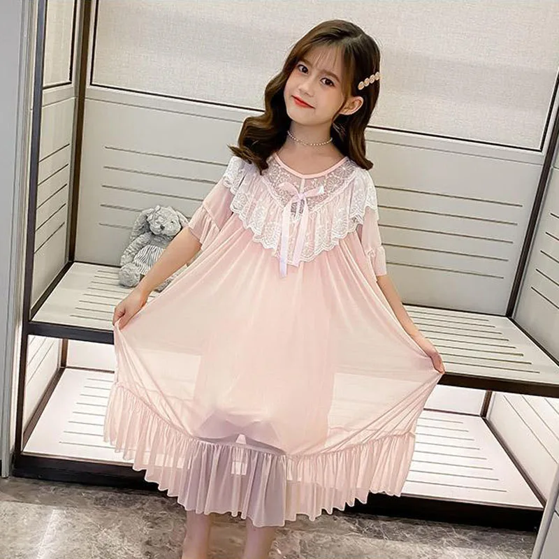 Summer Modal Fabric Round Neck Children\'s Nightdress Princess Style Girls Nightdress Ruffled Edge Bowknot Decoration Nightdress