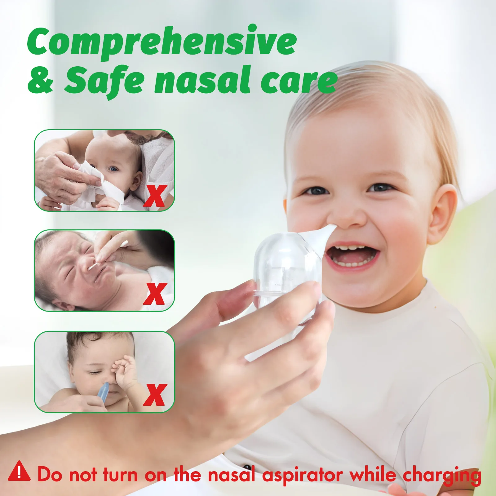 Baby Nasal Aspirator with 9 Suction Levels, Rechargeable Snot Sucker for Newborns, 2 Silicone Nozzles, Music & Night Light