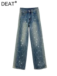 DEAT Women Jeans High Waist Patchwork Diamond Shape Rhinestone Plaid Loose Straight Wide Leg Denim Pants 2024 Autumn New Fashion