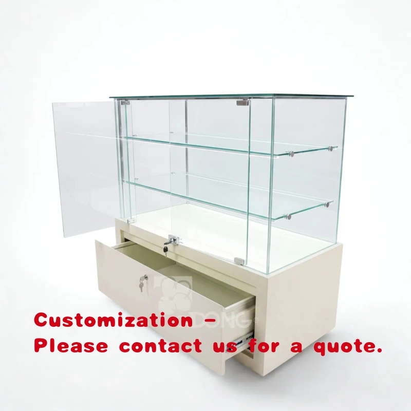 custom.Modern Retail Display Counter Glass Top Showcase Table LED Lighting Metal Base Storage Cabinet Mirror Back Waterproof