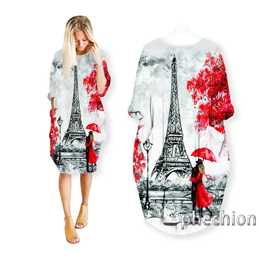 phechion Eiffel Tower 3D Print Bandana Dresses Fashion Casual Mid-length Dress Women Clothing Pocket Long Sleeve Top W35