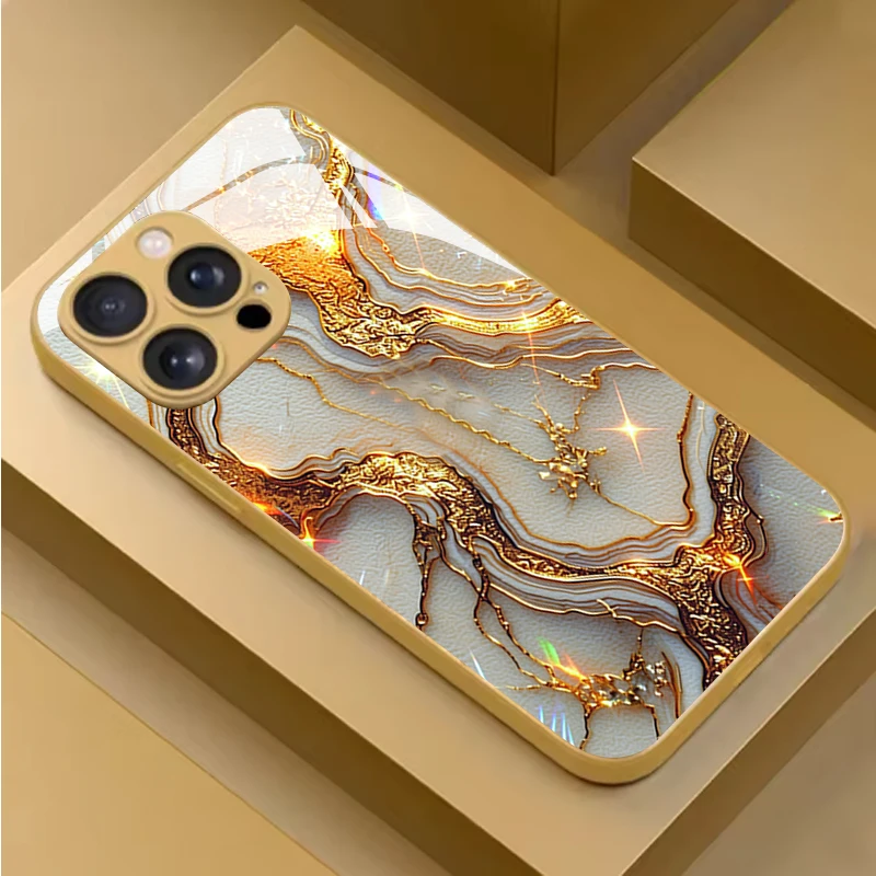Gilded White Patterned Marble Tempered Glass Phone Case For Samsung Galaxy S26 Ultra S25 S24 S23 Plus S25 FE S24 Ultra 5G Cover