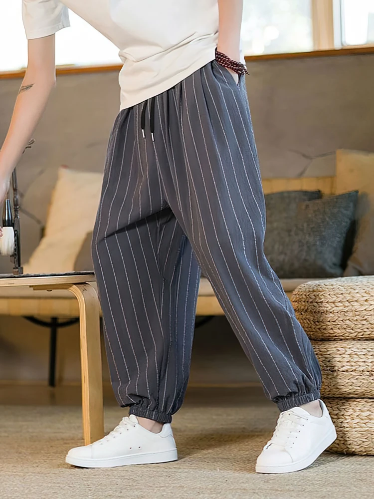 

Summer Stripe Casual Jogger Pants Men Ice Silk Baggy Trousers Male Walking Wide Leg Loose Sweatpants Streetwear