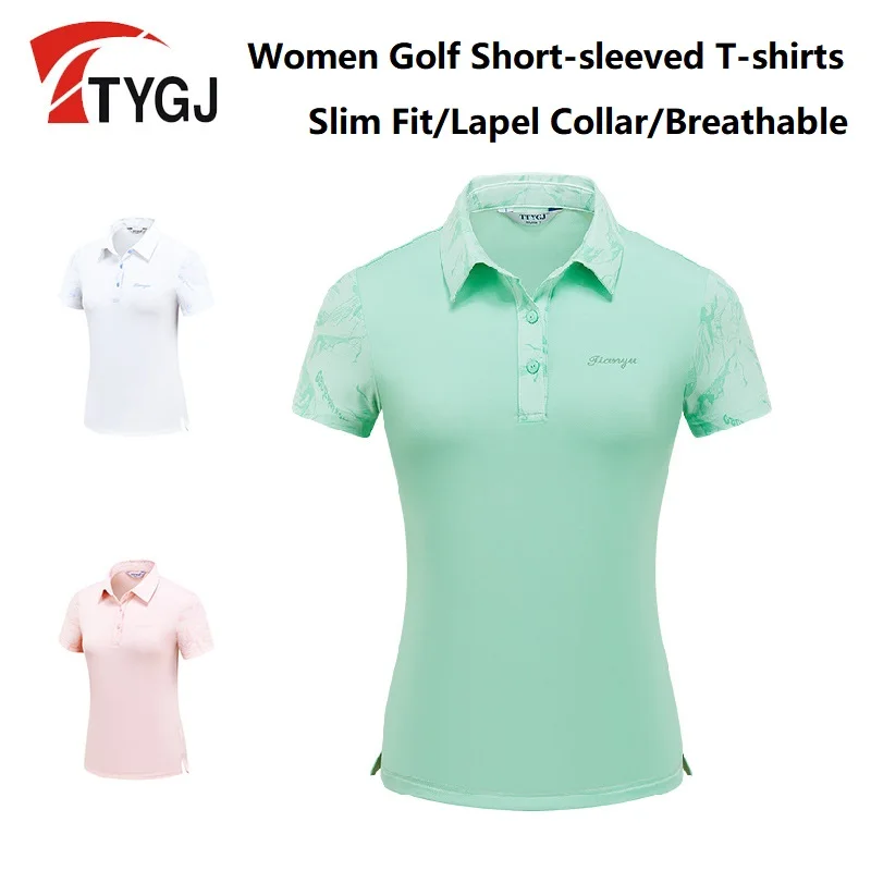 

TTYGJ Summer Golf T-shirt Women Short-sleeved Printed Golf Shirt Ladies Quick Dry Polo Sports Tops Slim Fit Golfing Clothes