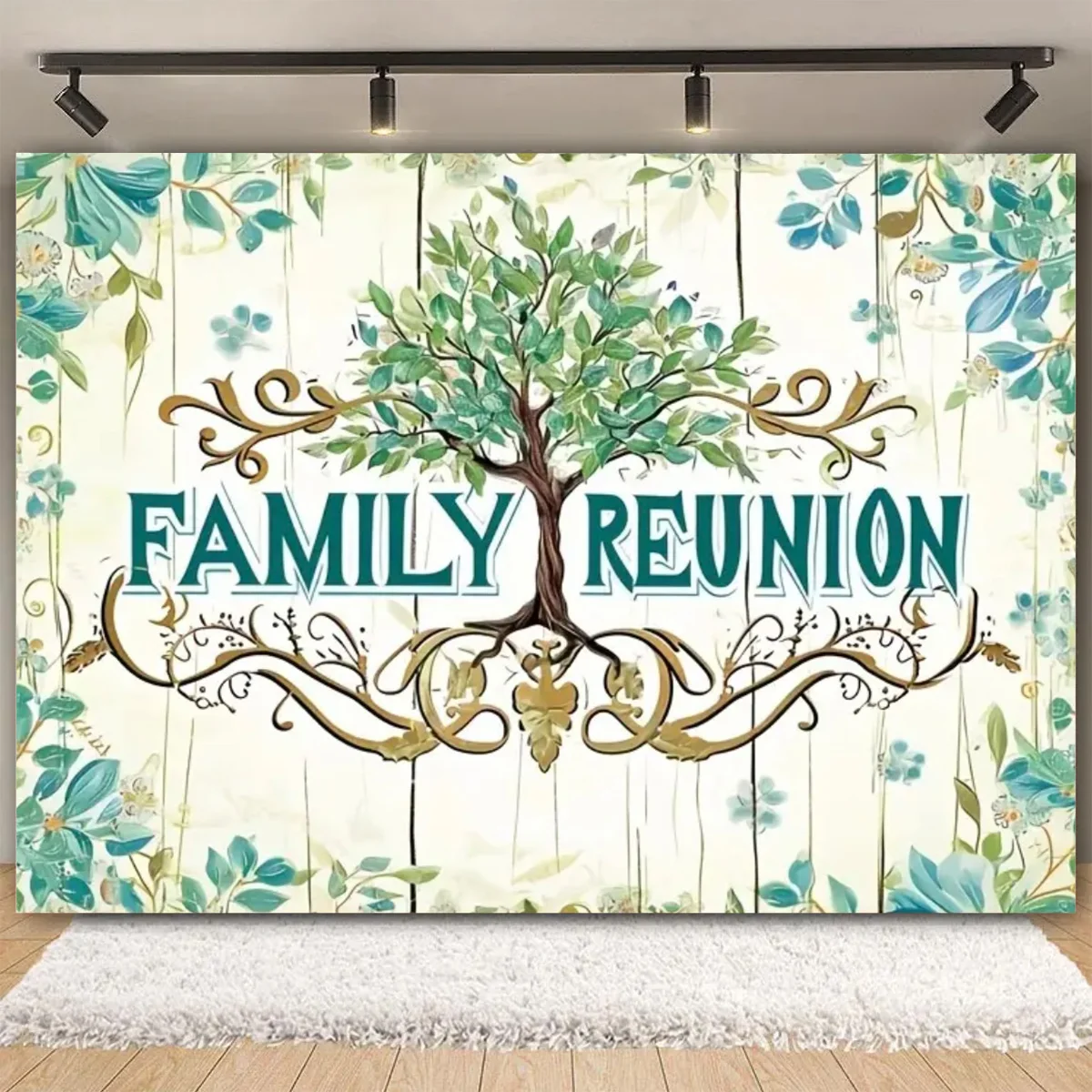 Family Reunion Backdrops We are Family Green Eucalyptus Leaves Family Tree Photography Backgrounds Birds Butterfly Gold Glitter