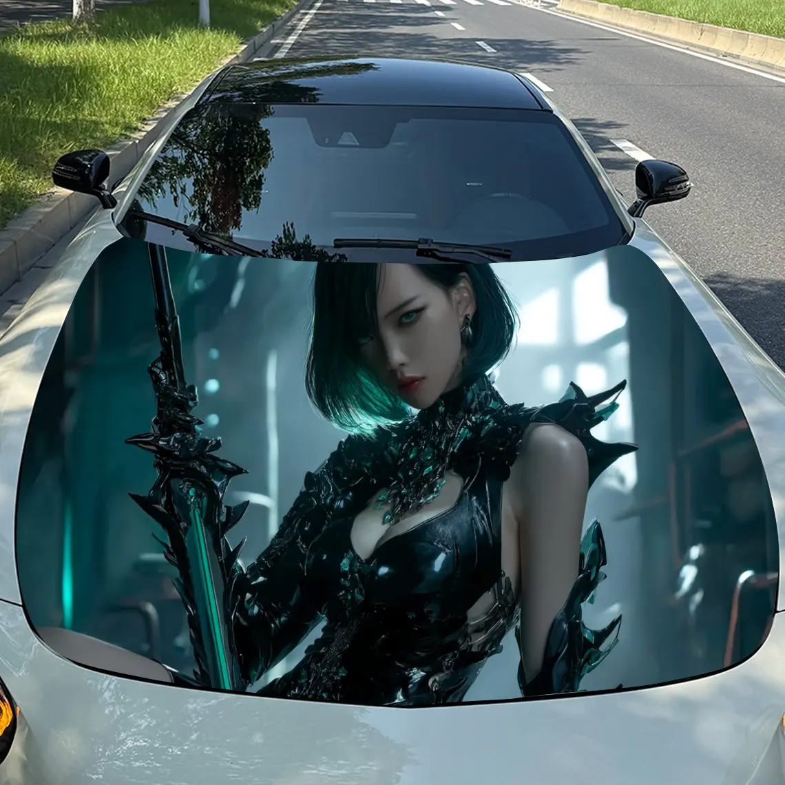 

Cyber Gloomy Green Maiden Car Vinyl Wrap, PVC Material Waterproof Car Hood Sticker, Self-Adhesive Scratch-Resistant Stickers for