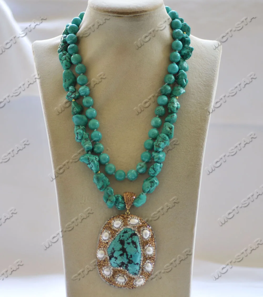 

MTC·STAR Z12754 2Row 18" 66mm Green Round Baroque Turquoise Necklace White Pearl Pendant