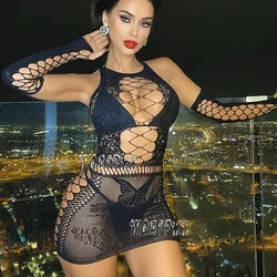 Hot Dress Crotchless Sexy Lingerie Dress Mesh Women Lace Hollow Bodysuit Teddy Babydoll Dress With Gloves Erotic Underwear