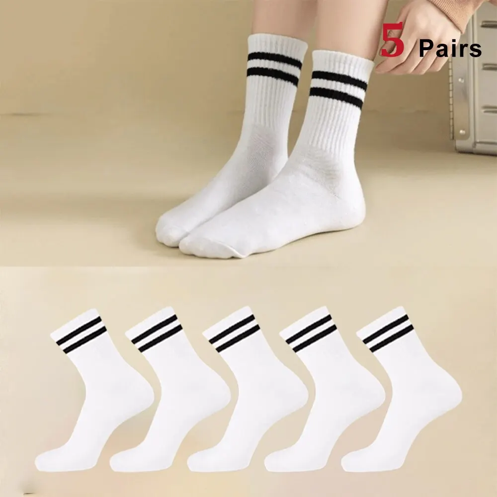 5 Pairs Women's Mid Length Socks Solid Color Parallel Stripe Simple Fashionable Sports Sweat-Absorbing High-Quality Girls' Socks