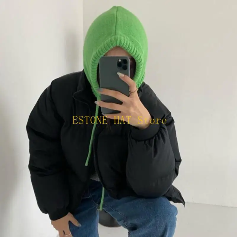 49MF Knit Drawstring Neck Guard Hat Keep Warm Hat Cold Weather Windproof Hat for Girl