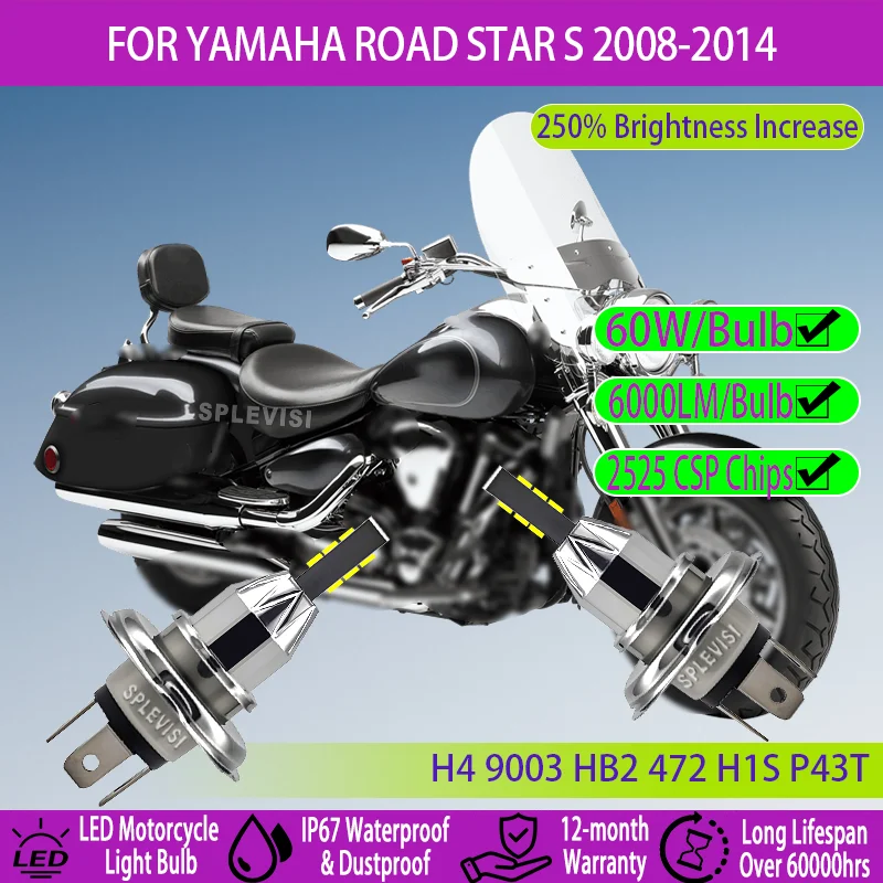 

6000 Lumen H4 LED Motorcycle Headlamp High Output 1-year warranty For Yamaha Road Star S 2008 2009 2010 2011 2012 2013 2014
