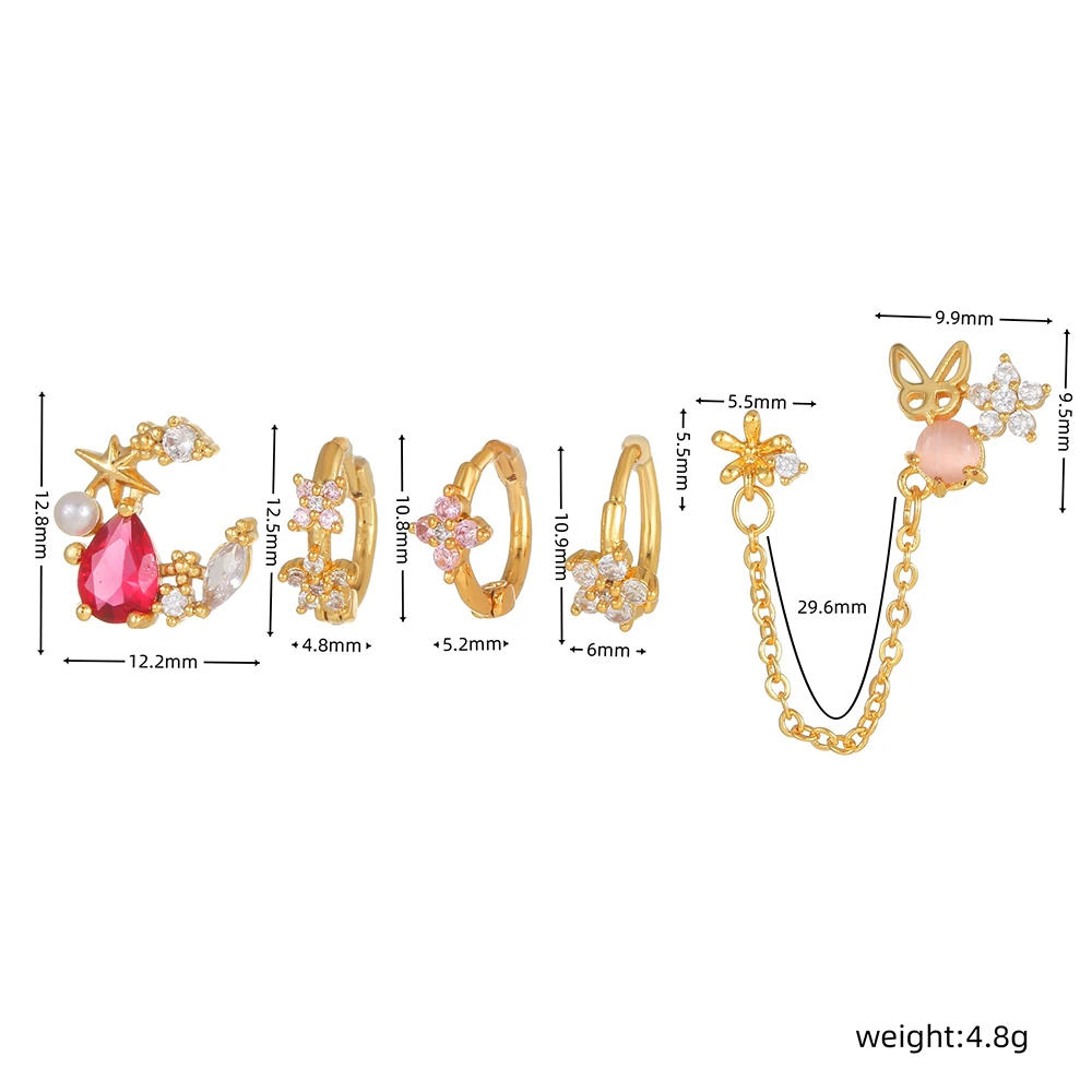 Women 6pcs Gold Plated Butterfly Earrings Set Pink Cubic Zirconia Star Moon Chain Drop Stud Earrings Fashion Jewelry Party Gift