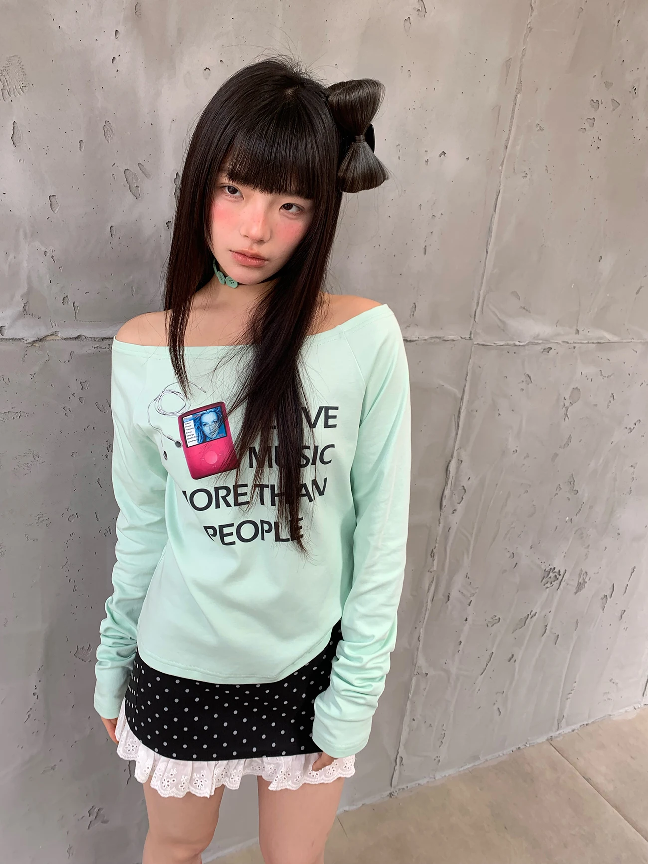 Loose Women's T-shirt Shoulder Hole Mint Green Cotton Long Sleeve Printed Casual Style Bottoming Shirt Millennium Early Feeling