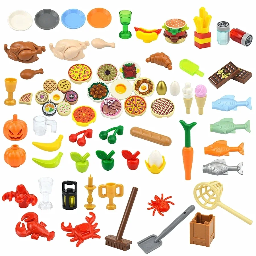 MOC City Food Accessories Mini Building Block Fish Apple Hot Dog Cake Pizza Fries Chicken Figures Brick Box Plate Compatible Toy